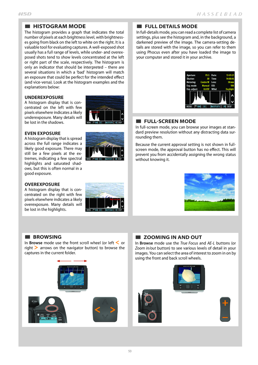 Hasselblad H4D200MS user manual  FULL Details Mode,  FULL-SCREEN Mode,  Browsing,  ZOOMING in and OUT 